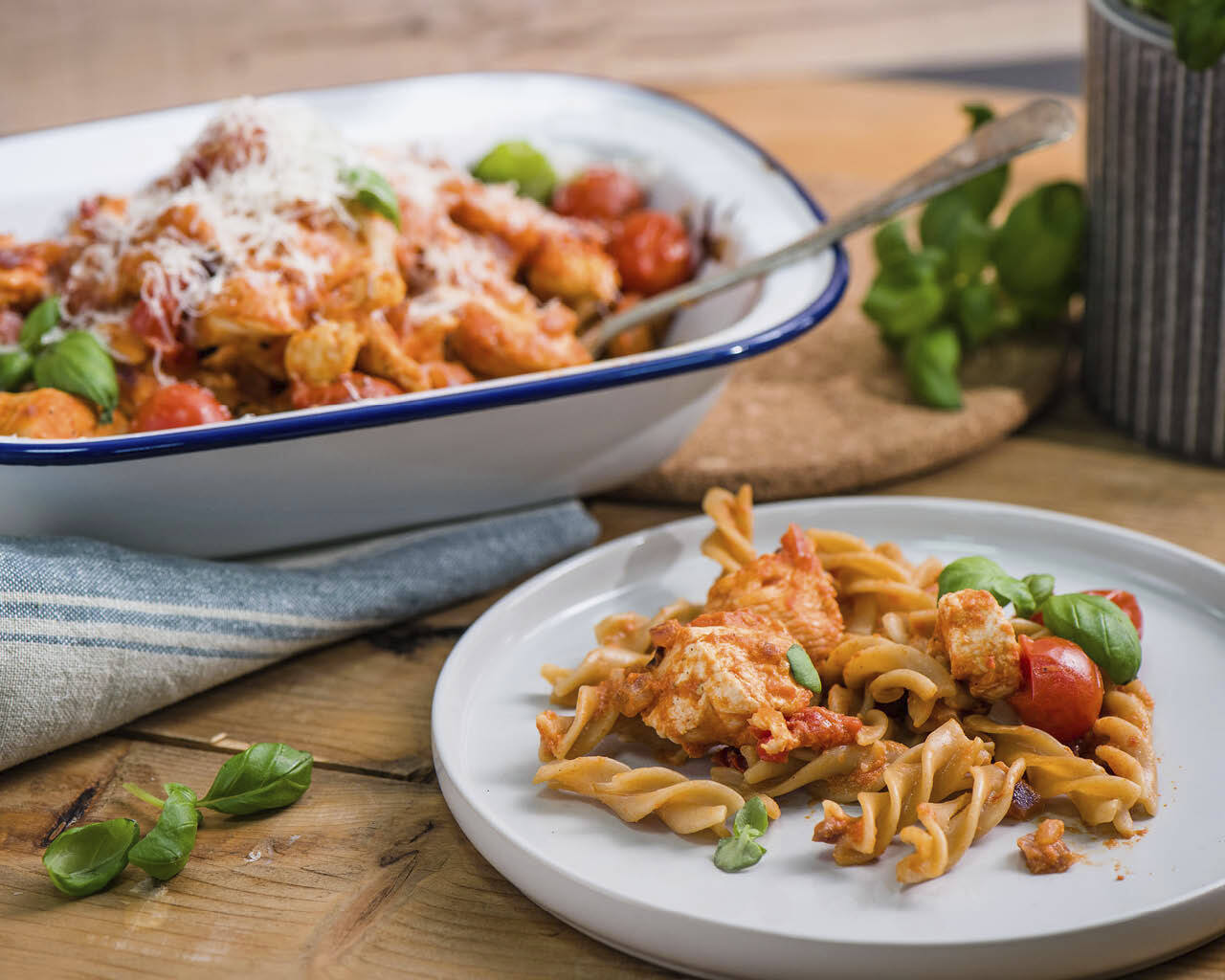 Pic of chicken pasta bake being served