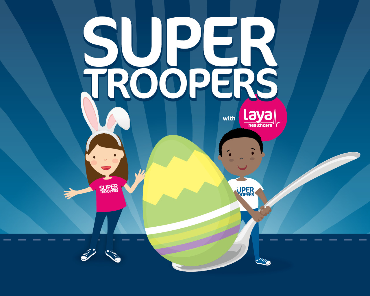 Cartoon image of two children playing with an Easter Egg. White text over a navy background reads